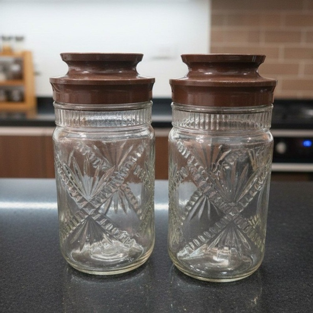 Anchor‎ Hocking Embossed Clear Glass Jars, Set of 2, Vintage Fan Cross Canisters